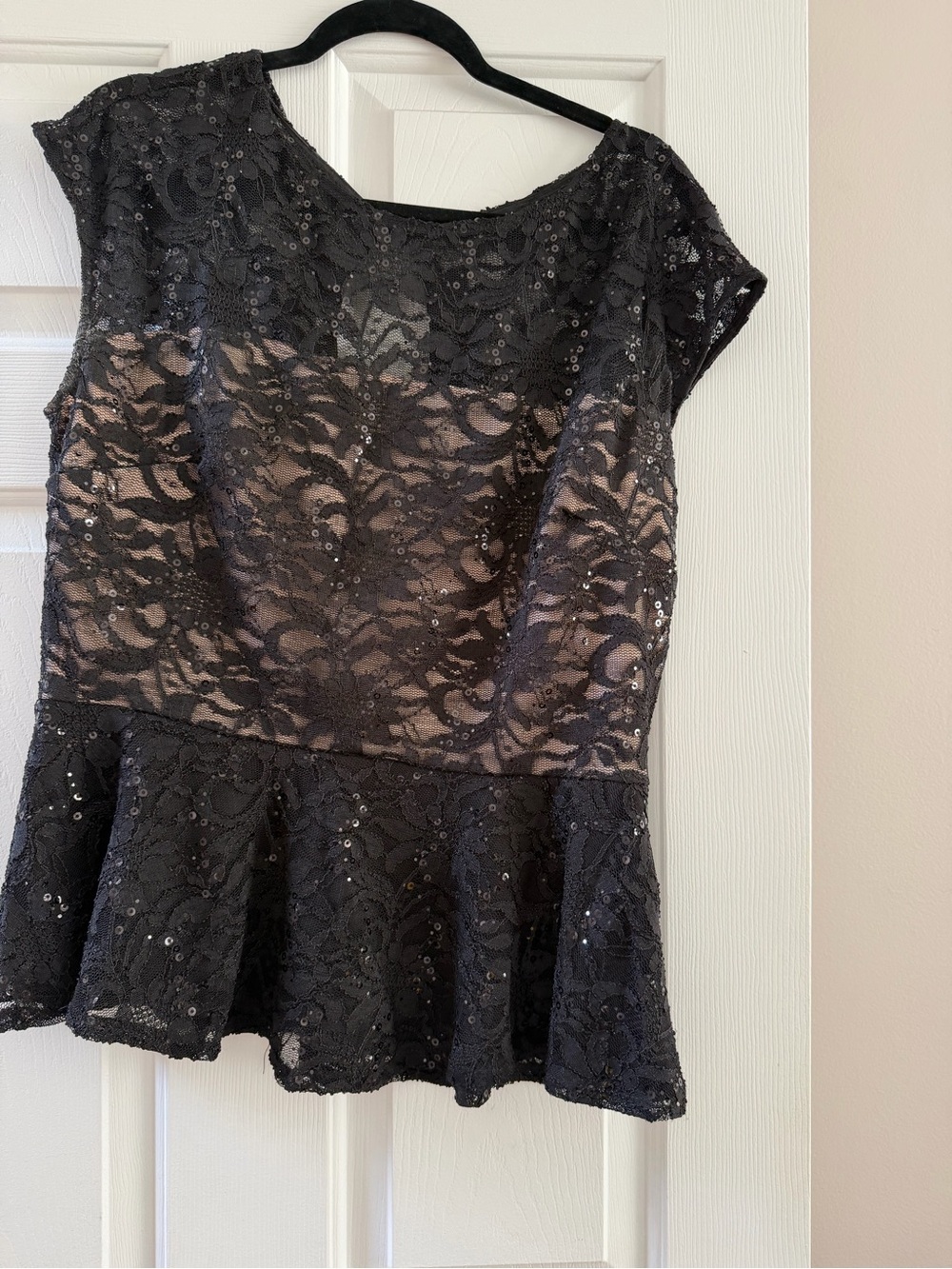 Black Lace Sequin Peplum Top